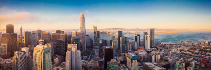 Aerial panorama of the San Francisco skyline and the bay