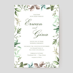 wedding invitation template card design with watercolor floral and leaves