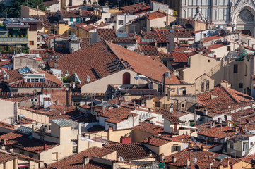 Fototapeta na wymiar Birds eye view of red-tiled rooftops of Florence historic cenrte in Italy