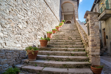 Front staircase of old European church in Italy