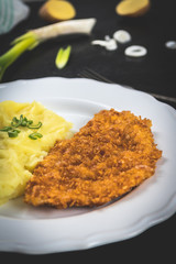 Chicken steak or schnitzel with mashed potatoes
