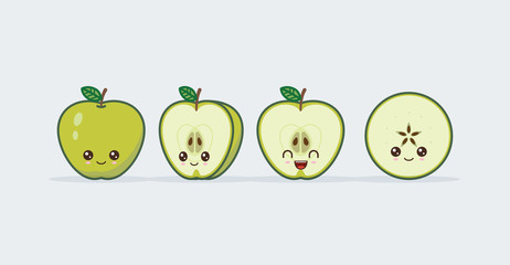 Green apple set drawn cute kawaii food faces