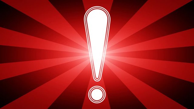 Attention icon in red abstract background with rays. Looping footage with Prores 4444 and 4K resolution.