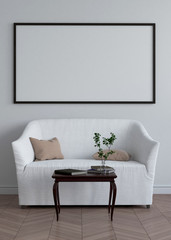 Living room interior wall mock up with white sofa,and cherry branch ,3D rendering,3D illustration
