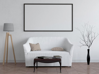 Living room interior wall mock up with white sofa,and cherry branch ,3D rendering,3D illustration