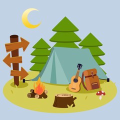 The camping pack set for go to the forest picnic trip. trip of camping with the tent in the forest. playing a music with guitar.camping in flat vector style.
