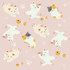 The seamless of cute cat sleeping set. cat sleeping on the pink background.The pattern of footstep and fishbone on the pink background. They look happy and relaxing. cute cat in flat vector style.
