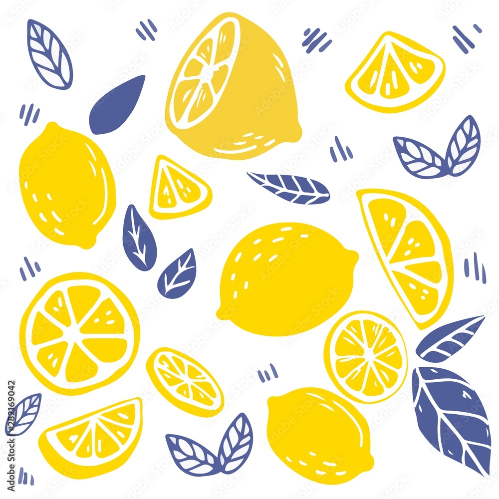 Wall mural the seamless pattern of lemon and leaf. the part of lemon and leaf. the pattern backgroung of yellow