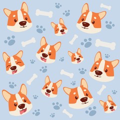Fototapeta premium The seamless pattern of corgidog and white bone footsteps. the corgi smiling it look have happyness. the pattern backgroung of happy dogs. corgi on blue background. cute corgi in flat vector style.
