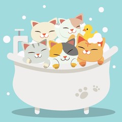 The group of character cute cats taking a bath with bathtub they look very happy .The cats sitting in the bathtub with yellow rubber duck. cute cat in flat vector style.