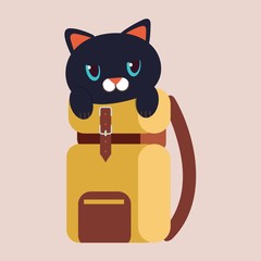 The character of cute blackcat in the travel bag. cat in the travel bag. the cat look unhappy. cute cat in flat vector style.