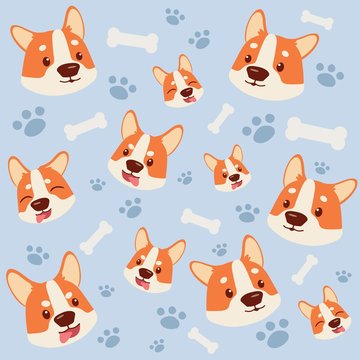 The seamless pattern of corgidog and white bone footsteps. the corgi smiling it look have happyness. the pattern backgroung of happy dogs. corgi on blue background. cute corgi in flat vector style.