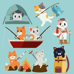 The collection of camping cats pack set for go to the forest picnic trip. trip of camping and fishing. and tent in the forest. cooking a marshmello. cute cat in flat vector style.