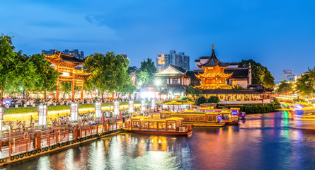 Night View of the Old Architectural River in Nanjing..