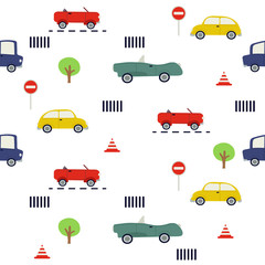 The seamless pattern of car. the pattern of car and Traffic sign. The pattern of car can use for wallpaper pattern. the cute car in flat vector on the white background.