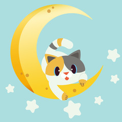 The character of cute cat sittingon the moon. The cat sleeping and it smiling. The cat sleeping on the Crescent moon.The character of cute cat in flat vector style