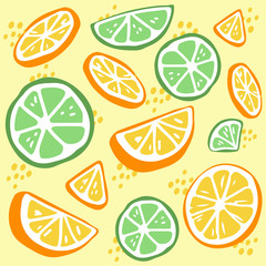 The seamless pattern of green lime and yellow lemon. the part of lemon and lime. the pattern backgroung of yellow lemon on the yellow background. The cute lime and lemon in flat vector style.