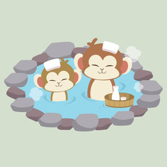 The character of cute monkey take a japanese hot spring bath. the monkey taking an onsen. it look happy and relaxing.cat Bathing in an onsen bath outdoor.the character of cute monkey in flat vector.