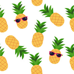 The seamless pattern pf pineapple in white background. The pineapple in pattern style. pineapple wear a pinksunglasses. The cute pineapple in flat vector.