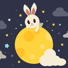 The character of cute rabbit sitting on the full moon. The ribbit gaps and it smiling. The rabbit sitting on the Crescent moon.The character of cute rabbit in flat vector style