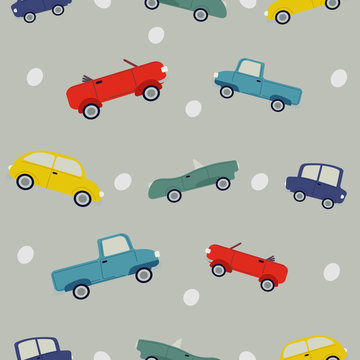 The seamless pattern of car. the pattern of car and polka dot. The pattern of car can use for wallpaper pattern. the cute car in flat vector on the gray background.