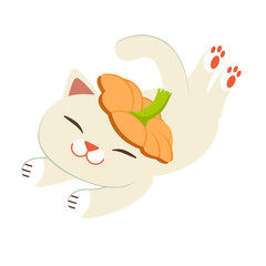 The cute cat with the pumpkin. The character cartoon of cute cat play with the pumpkin. The cat look happy. The character of cute cat in the flat vector style