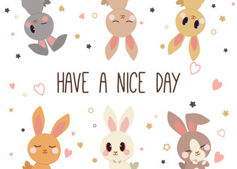 The group of character cartoon cute rabbit. The rabbit and friend with a polka dot background with heart . The cute character of rabbit in flat vector.