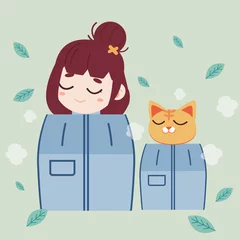 Fotobehang The girl and cute cat steaming sauna. The staming sauna machine for healthcare. The girl and cat relaxing with steam sauna machine. The character of girl and cat in flat vector style. © Guppic the duck