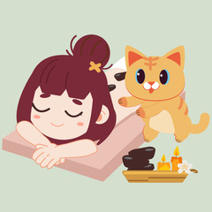The character of girl and cat in hot stone  spa  treatments. The cat massaging the girl with hot stone. The spa have aroma candles. healthy lifestyle.The character of cute girl and cat in vectoe style
