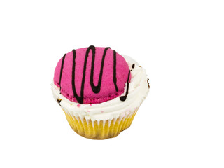 Cupcake with bright cookies decorated with chocolate isolated on a white background.