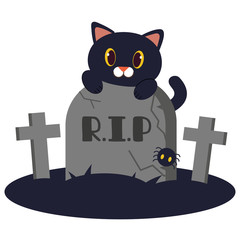 The character of cute black cat garps on the gravestone. around of gravestone have cross. The gravestone have crack and spider.The graveston have text 