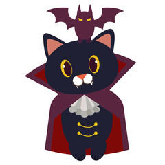 The character of cute black cat wear vampier suit. The vampire cat have canine. bat garps on the head vampire cat. The character of cute cat in flat vector style.
