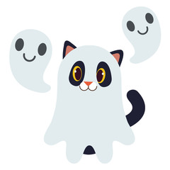 The character cute black cat as white ghost and ghost friend. The character of cute cat play as ghost by blanket. The character of cute black cat in flat vector style.