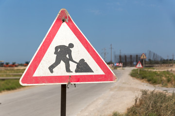 Road under construction. Road sign. Road repair sign