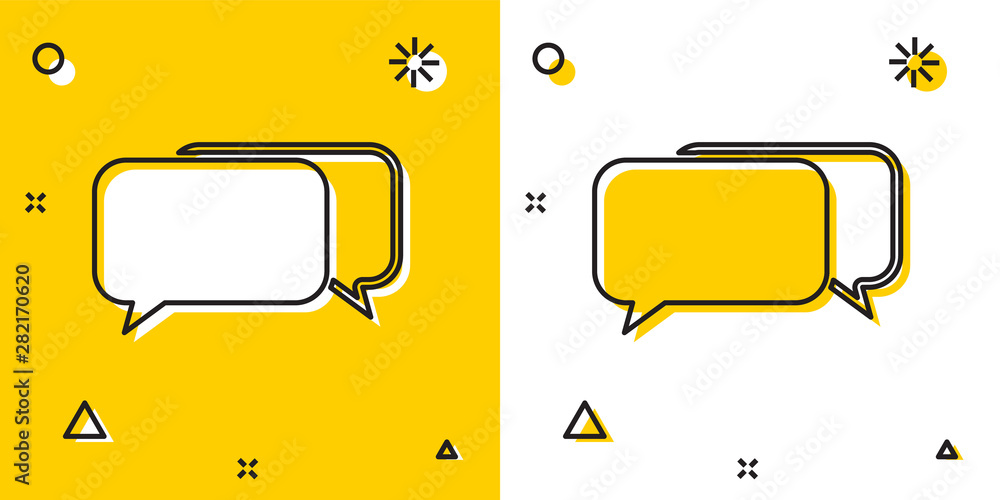 Poster black chat icon isolated on yellow and white background. speech bubbles symbol. random dynamic shape