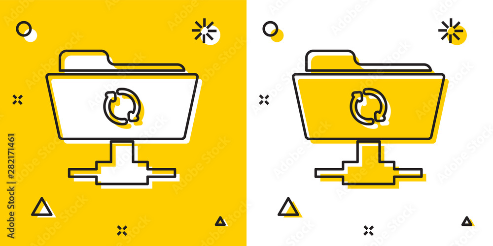 Poster black ftp sync refresh icon isolated on yellow and white background. software update, transfer proto