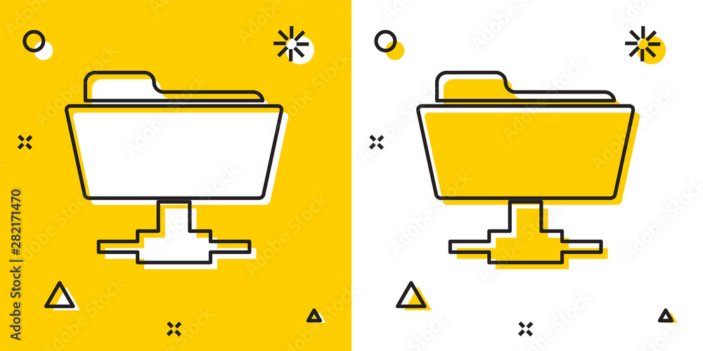 Aufkleber black ftp folder icon isolated on yellow and white background. software update, transfer protocol, r