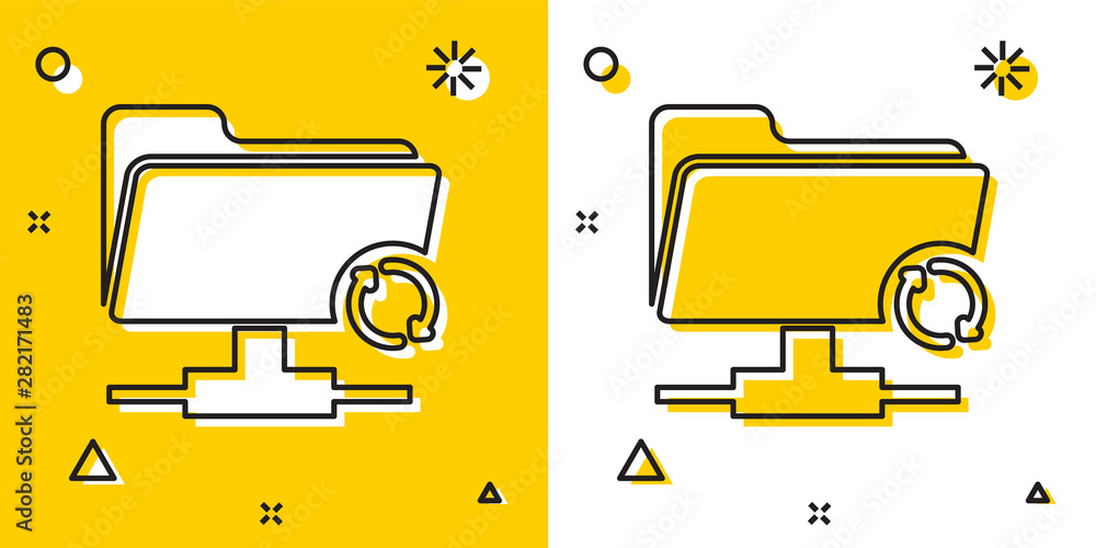 Poster black ftp sync refresh icon isolated on yellow and white background. software update, transfer proto