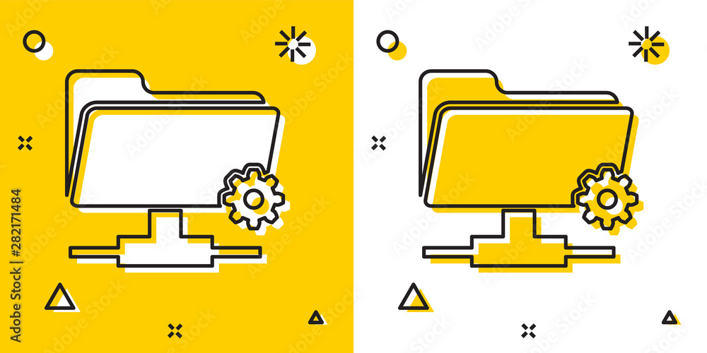Poster black ftp settings folder icon isolated on yellow and white background. software update, transfer pr