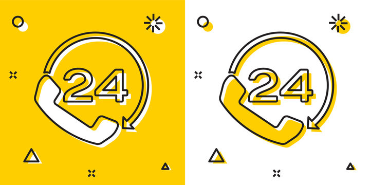 Black Telephone 24 hours support icon isolated on yellow and white background. All-day customer support call-center. Full time call services. Random dynamic shapes. Vector Illustration