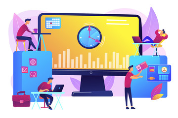 Work performance on schedule. Staff discipline. Time and attendance tracking system, office time tracking, employee time management concept. Bright vibrant violet vector isolated illustration