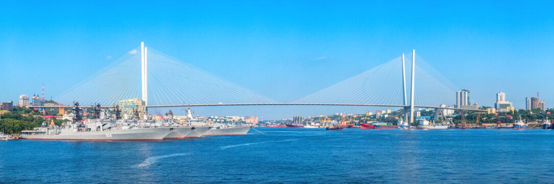 Panoramic view of Zolotoy Rog Bay and Zolotoy Bridge of the Far Eastern capital of Russia Vladivostok, located in Primorsky Krai