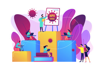 Infection prevention and treatment learning. HPV education programs, human papillomavirus education course, HPV online consultation concept. Bright vibrant violet vector isolated illustration