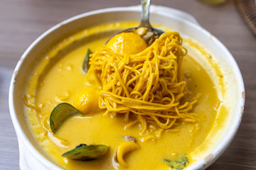 Laksa is a spicy noodle soup popular in Peranakan cuisine of Southeast Asia.