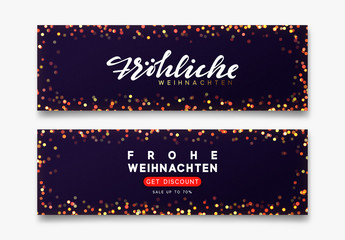 German Frohliche Weihnachten translation Merry Christmas. Horizontal banner Merry Christmas and Happy New Year on dark blue background handwritten calligraphy text, bright bokeh lights.