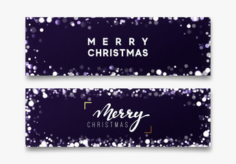 Horizontal banner Merry Christmas and Happy New Year on dark blue background handwritten calligraphy text, bright bokeh lights.