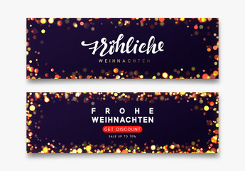 German Frohliche Weihnachten translation Merry Christmas. Horizontal banner Merry Christmas and Happy New Year on dark blue background handwritten calligraphy text, bright bokeh lights.