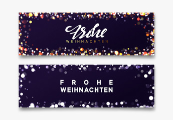 German Frohliche Weihnachten translation Merry Christmas. Horizontal banner Merry Christmas and Happy New Year on dark blue background handwritten calligraphy text, bright bokeh lights.