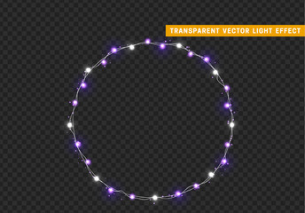 Christmas wreath, frame of New Year's bright glowing lights of garlands. Light effect Xmas decoration round ring. Isolated on a transparent background. Design element. vector illustration.