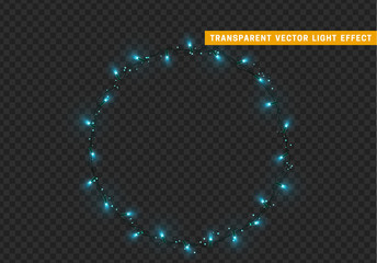 Christmas wreath, frame of New Year's bright glowing lights of garlands. Light effect Xmas decoration round ring. Isolated on a transparent background. Design element. vector illustration.